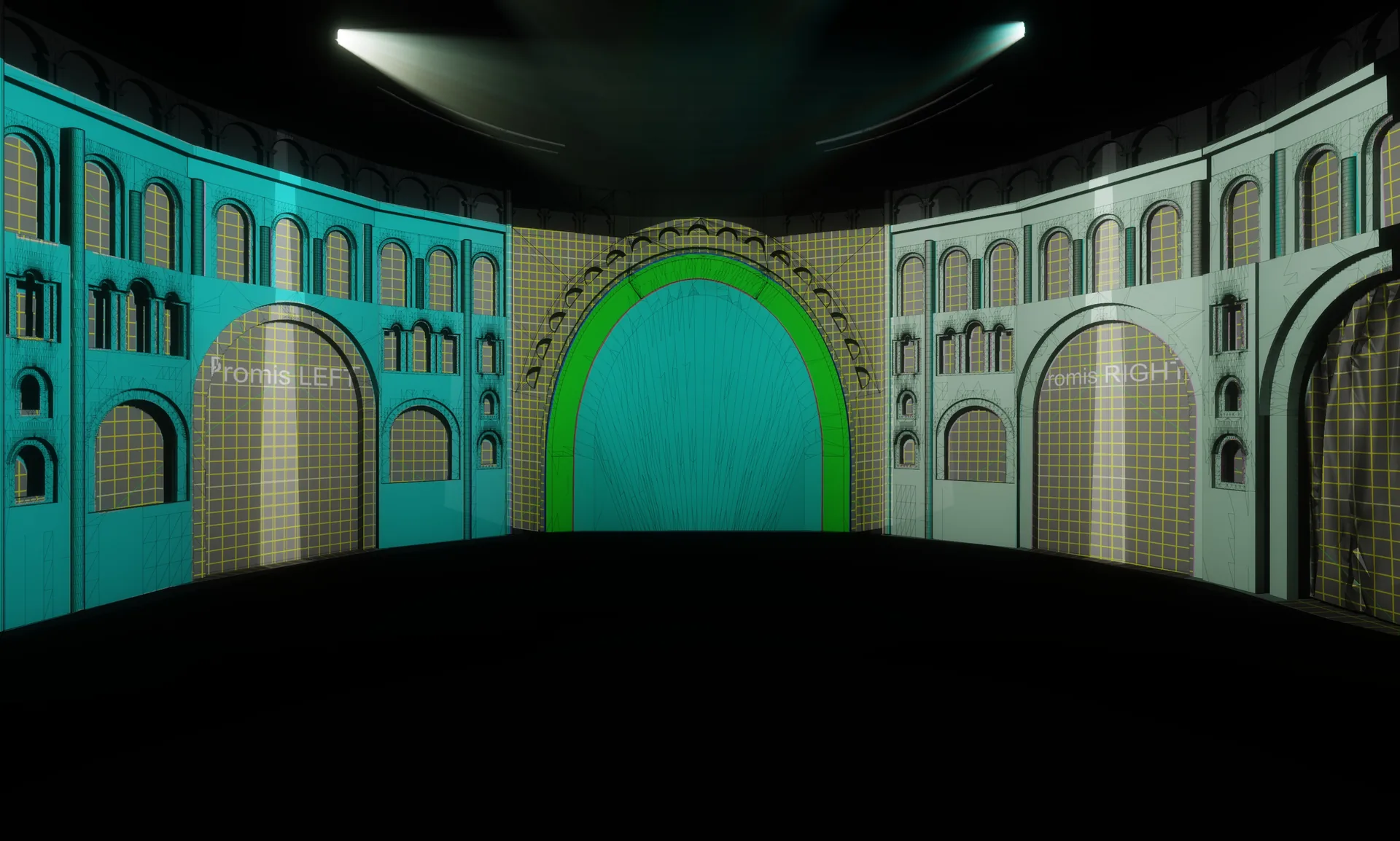 Calibration grids across a multi-surface architectural projection environment.