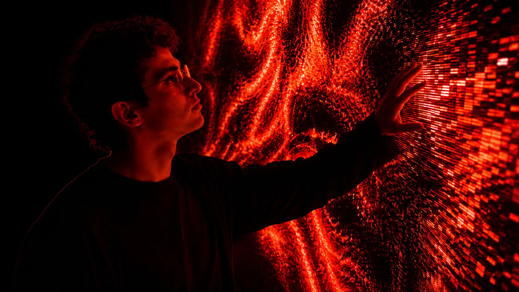 Visitor reaching toward the responsive media wall.