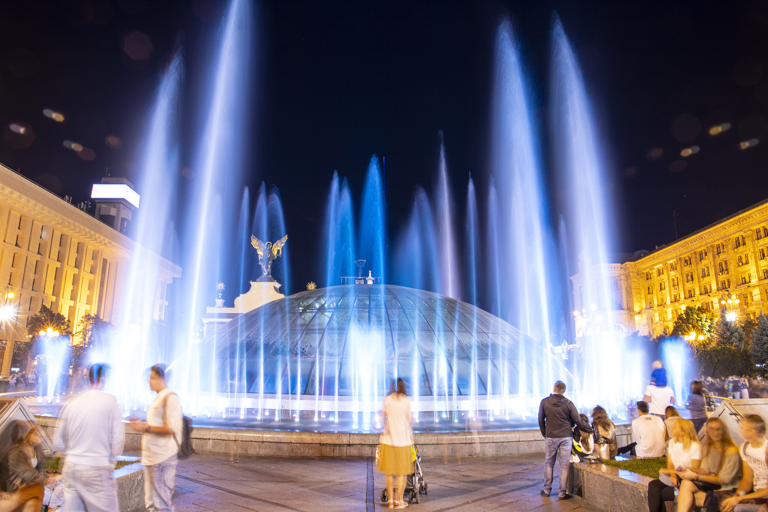 Close view of the illuminated musical fountain in operation.