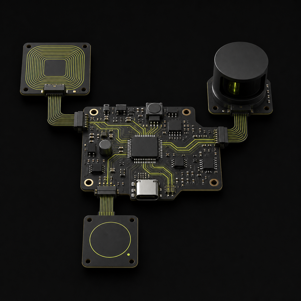 Technical illustration of custom electronics and sensors