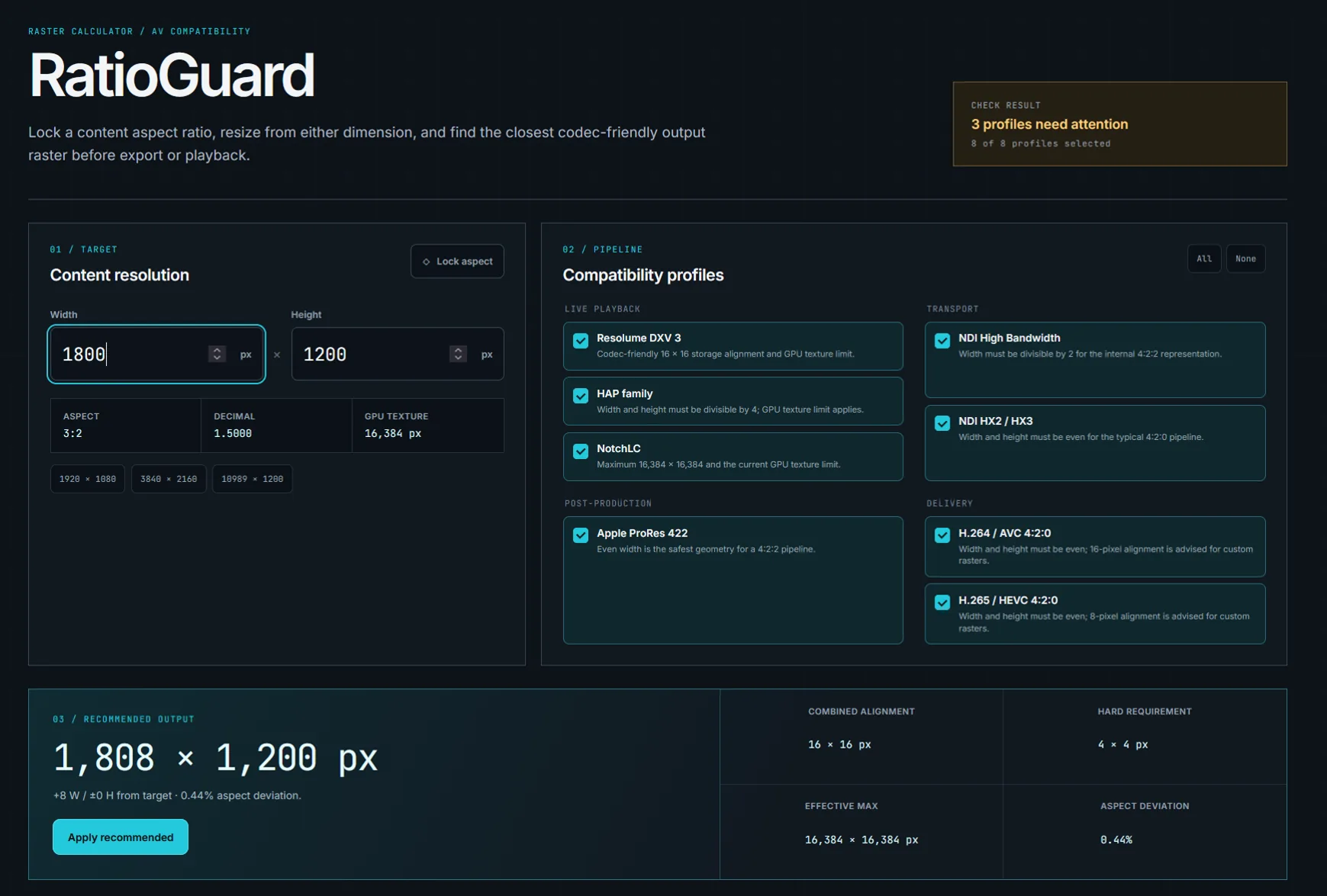 RatioGuard AV raster compatibility calculator with codec profiles and a recommended output resolution